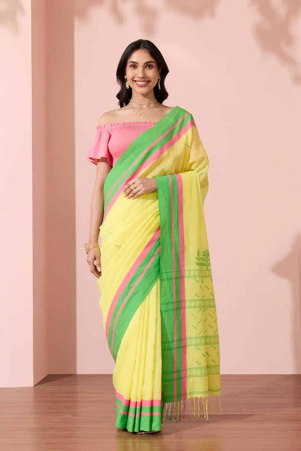 Light Yellow Woven Pure Cotton Bengal Saree with Unstitched Blouse Piece